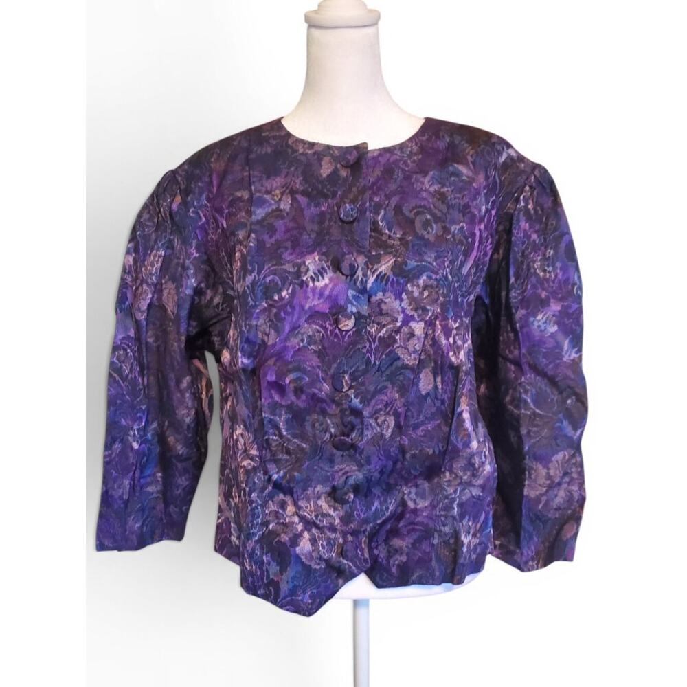 Vintage 80s Purple Floral Button Button Up Blazer and Matching Midi Skirt Set - Picture 2 of 14